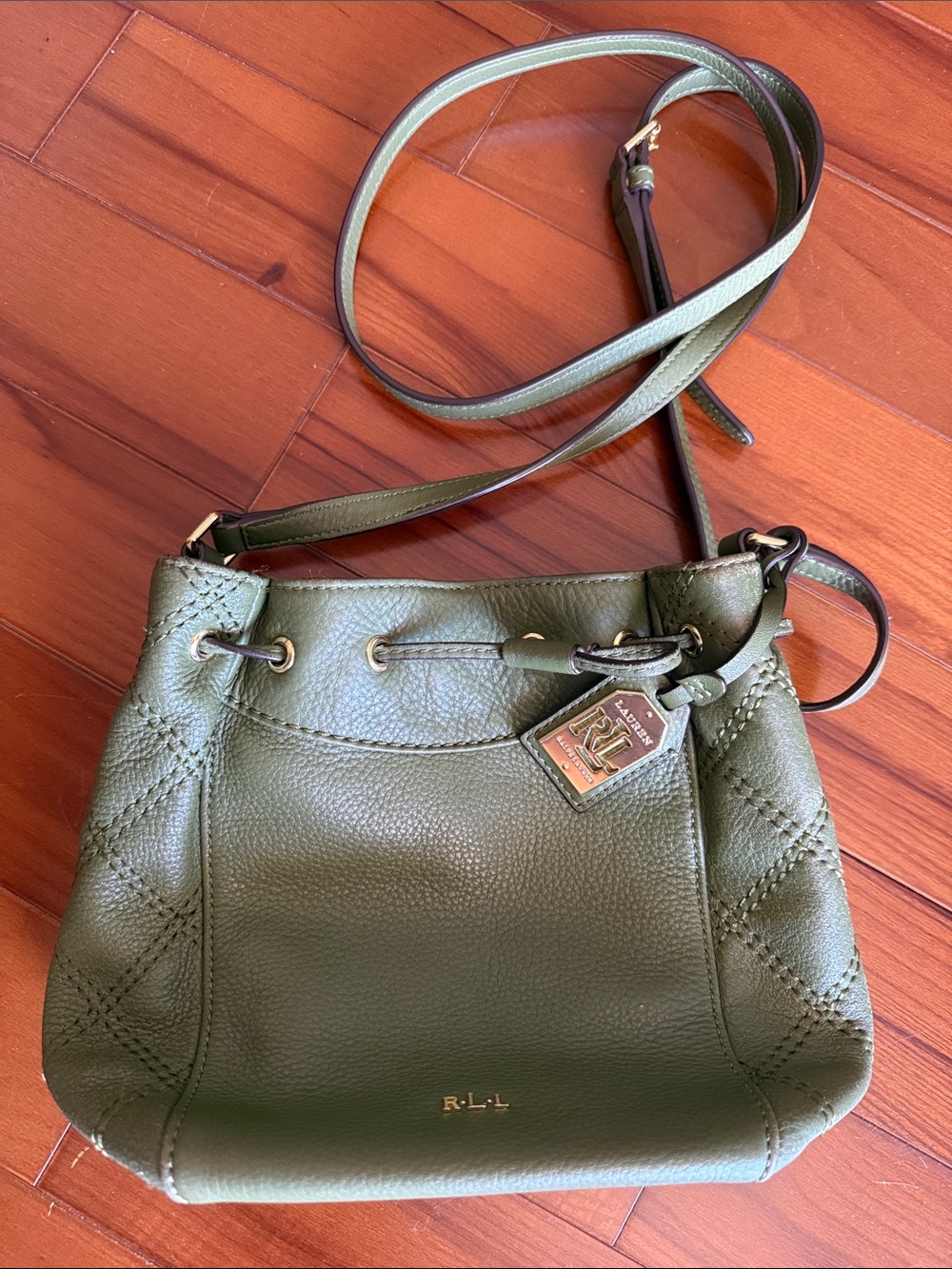 Ralph Lauren Olive Pebbled Leather Drawstring Crossbody